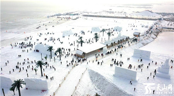 游客在新疆博斯騰湖大河口(西海漁村)景區欣賞雪雕
